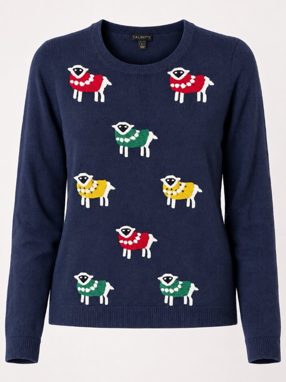 Talbots Sheep Sweater Large Navy Wool Blend Lamb Crewneck Preppy Cottagecore